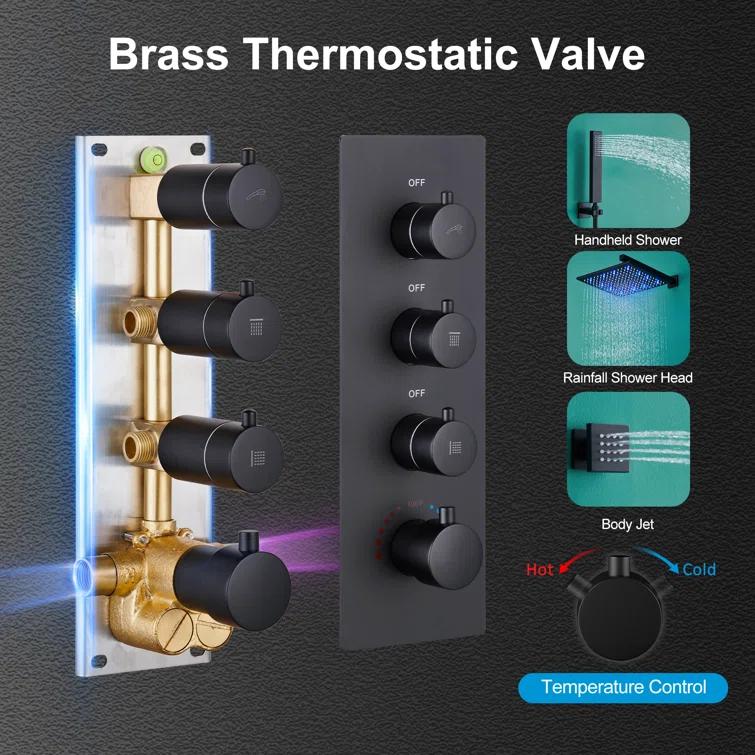 3-Function LED Light Thermostatic Rainfall Shower System with 6 Body Jets and Rough-in Valve