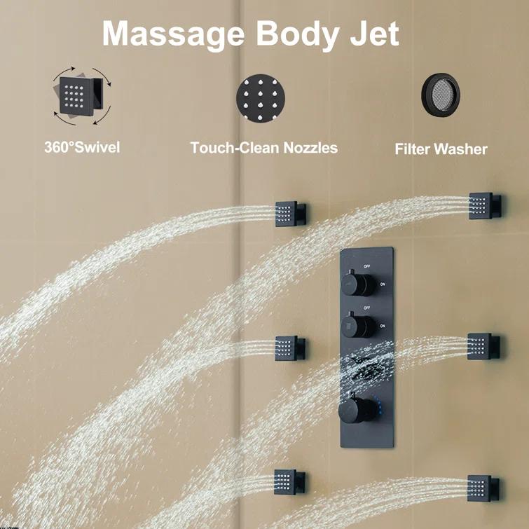 3-Function LED Light Thermostatic Rainfall Shower System with 6 Body Jets and Rough-in Valve