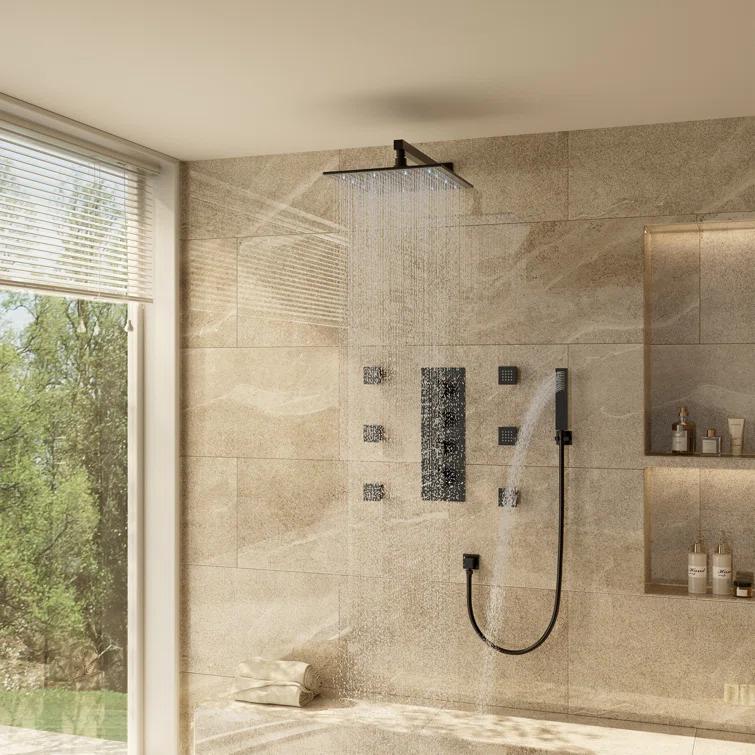 3-Function LED Light Thermostatic Rainfall Shower System with 6 Body Jets and Rough-in Valve