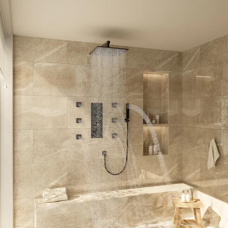 3-Function LED Light Thermostatic Rainfall Shower System with 6 Body Jets and Rough-in Valve