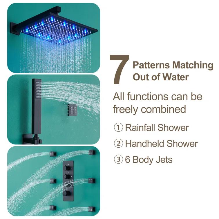 3-Function LED Light Thermostatic Rainfall Shower System with 6 Body Jets and Rough-in Valve