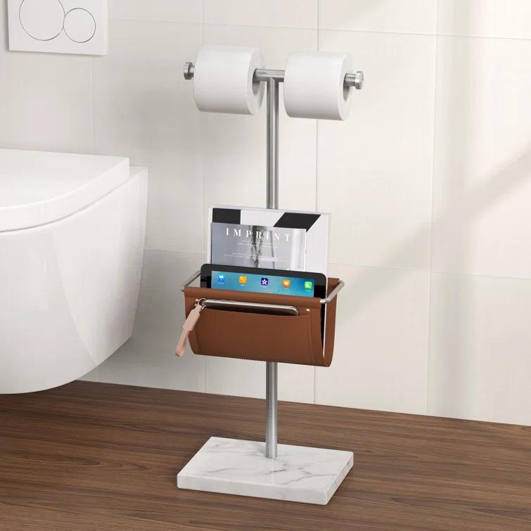 KES Toilet Paper Holder Stand With Bathroom Magazine Rack, Magazine Holder And Double Roll Toilet Paper Holder Free Standing, Weighted Marble Base