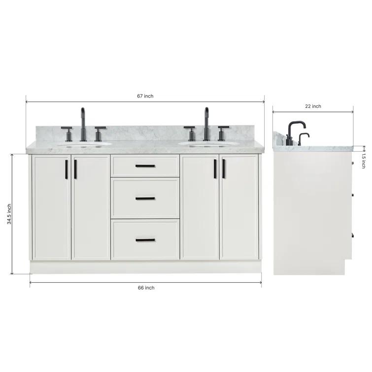 Ariel Kellie 67 Inch Double Oval Sink Bathroom Vanity With Italian Carrara Marble Countertop