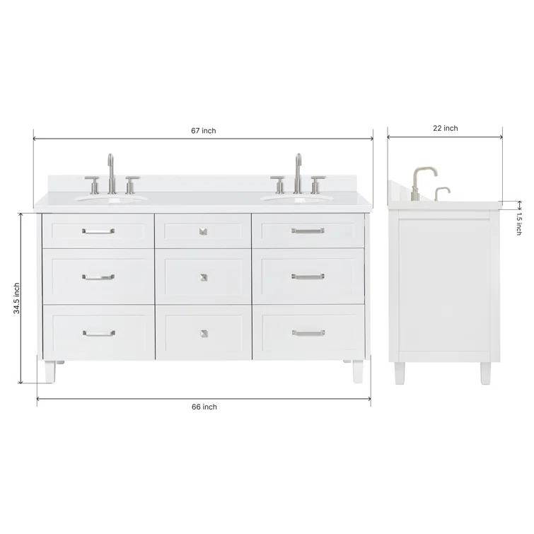 Ariel Monrow 67 Inch Double Oval Sink Bathroom Vanity With Pure White Quartz Countertop