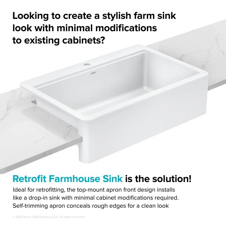 KRAUS Bellucci 33” Workstation Drop In Retrofit Farmhouse Single Bowl Granite Kitchen Sink With Accessories