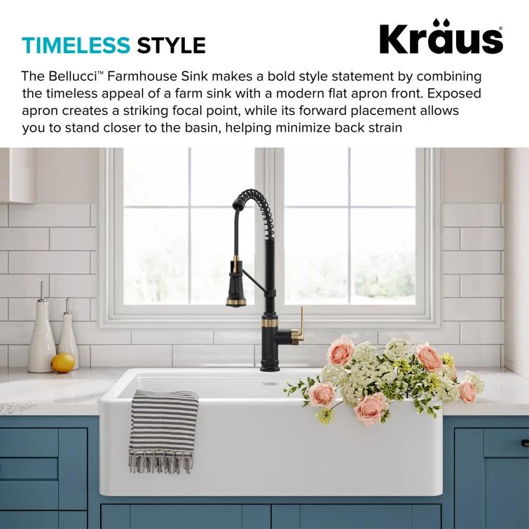 KRAUS Bellucci 33” Workstation Drop In Retrofit Farmhouse Single Bowl Granite Kitchen Sink With Accessories