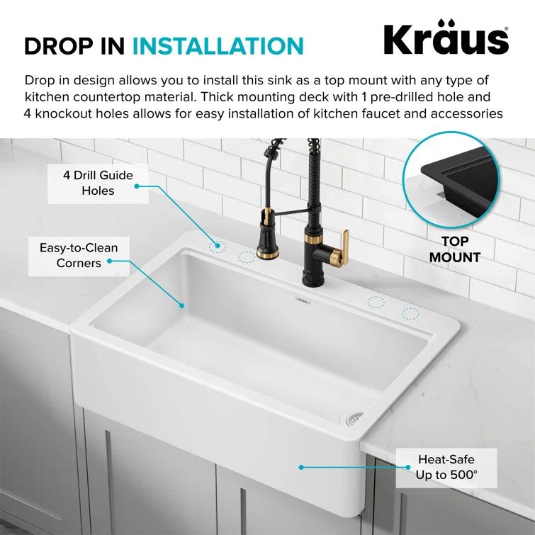 KRAUS Bellucci 33” Workstation Drop In Retrofit Farmhouse Single Bowl Granite Kitchen Sink With Accessories