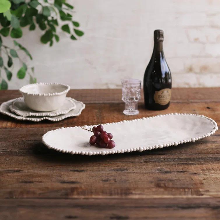 Vida Sand Melamine Oval Platter with Pearl Rim