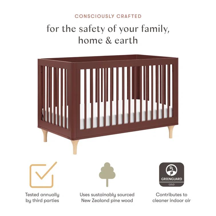 Babyletto Lolly Crimson Red & Natural Wood 3-in-1 Convertible Baby Crib with Toddler Bed Conversion Kit