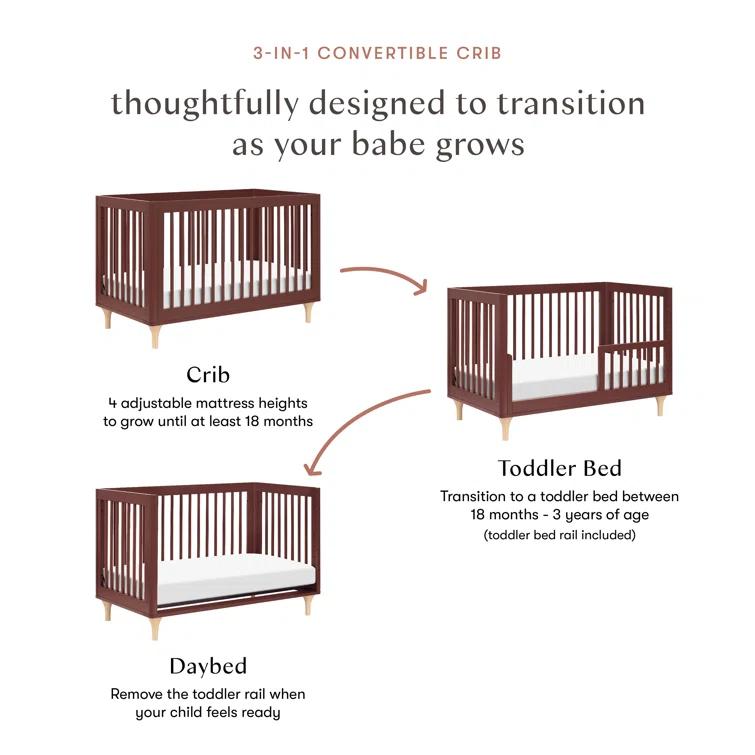Babyletto Lolly Crimson Red & Natural Wood 3-in-1 Convertible Baby Crib with Toddler Bed Conversion Kit