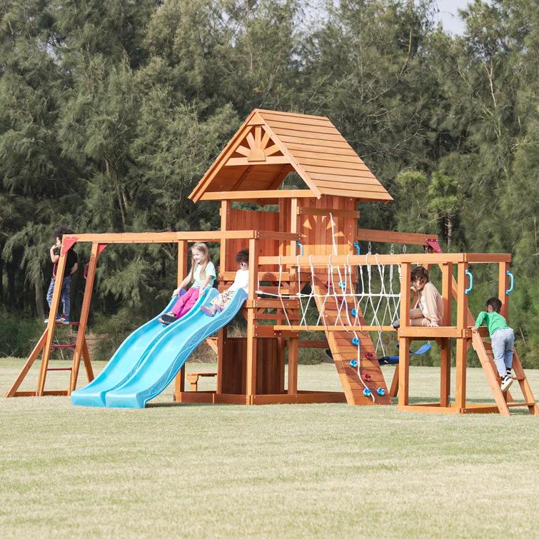 Dolphin Playground Dolphin Playground Luxury Cedar Playground Set: Double Wave Slide, 2-in-1 Table, Monkey Bars, Balance Beam, 3 Swings, Large Rock Wall, Wood Roof