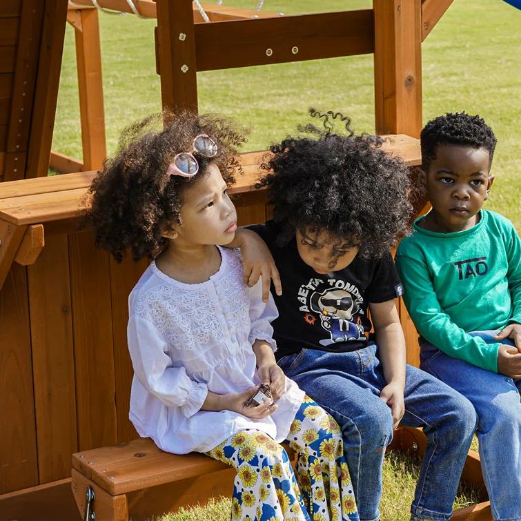 Dolphin Playground Dolphin Playground Luxury Cedar Playground Set: Double Wave Slide, 2-in-1 Table, Monkey Bars, Balance Beam, 3 Swings, Large Rock Wall, Wood Roof