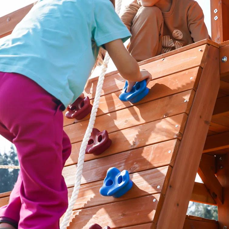 Dolphin Playground Dolphin Playground Luxury Cedar Playground Set: Double Wave Slide, 2-in-1 Table, Monkey Bars, Balance Beam, 3 Swings, Large Rock Wall, Wood Roof