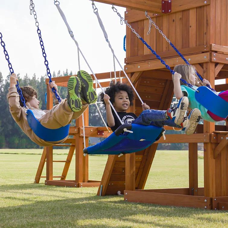 Dolphin Playground Dolphin Playground Luxury Cedar Playground Set: Double Wave Slide, 2-in-1 Table, Monkey Bars, Balance Beam, 3 Swings, Large Rock Wall, Wood Roof