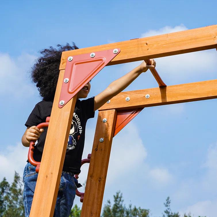 Dolphin Playground Dolphin Playground Luxury Cedar Playground Set: Double Wave Slide, 2-in-1 Table, Monkey Bars, Balance Beam, 3 Swings, Large Rock Wall, Wood Roof