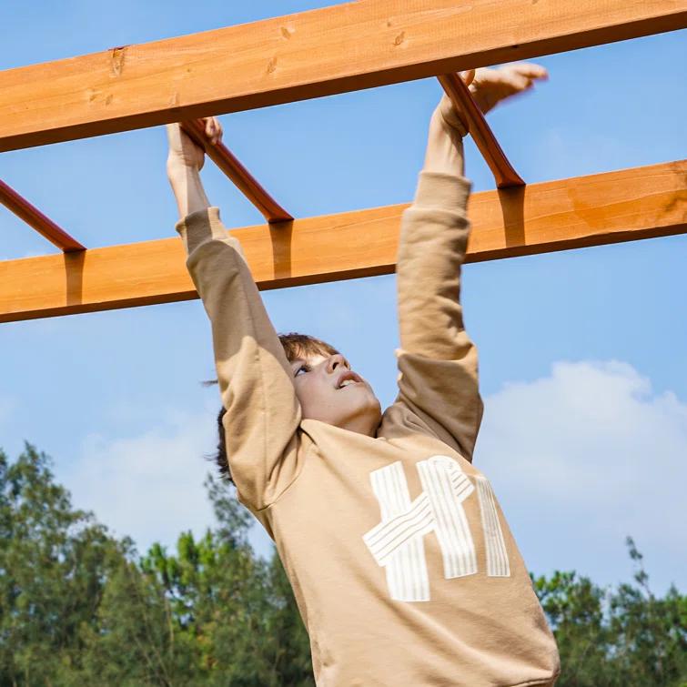 Dolphin Playground Dolphin Playground Luxury Cedar Playground Set: Double Wave Slide, 2-in-1 Table, Monkey Bars, Balance Beam, 3 Swings, Large Rock Wall, Wood Roof