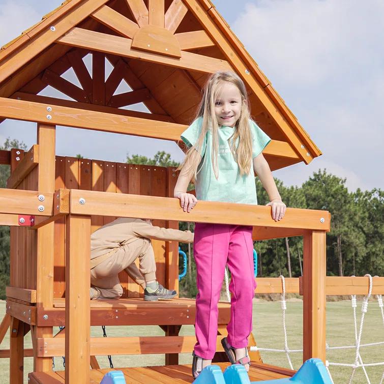 Dolphin Playground Dolphin Playground Luxury Cedar Playground Set: Double Wave Slide, 2-in-1 Table, Monkey Bars, Balance Beam, 3 Swings, Large Rock Wall, Wood Roof