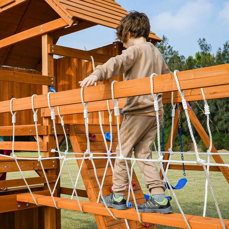 Dolphin Playground Dolphin Playground Luxury Cedar Playground Set: Double Wave Slide, 2-in-1 Table, Monkey Bars, Balance Beam, 3 Swings, Large Rock Wall, Wood Roof