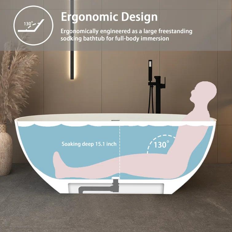 TCYO 65 in. x 30 in. Solid Surface Freestanding Soaking Bathtub with Center Drain in Matte White TYMYBT11-65MW