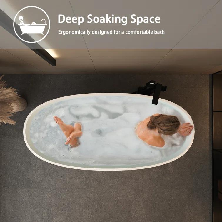 TCYO 65 in. x 30 in. Solid Surface Freestanding Soaking Bathtub with Center Drain in Matte White TYMYBT11-65MW