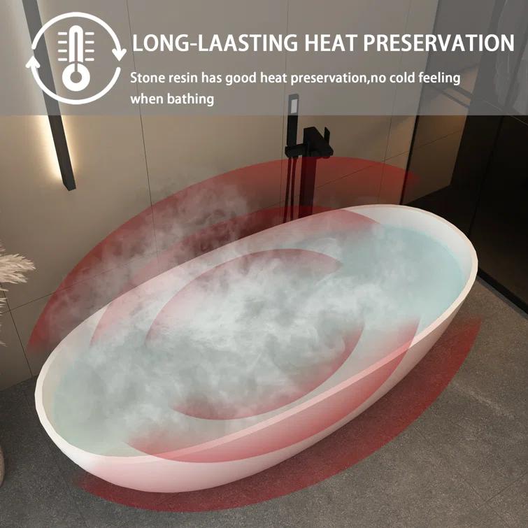 TCYO 65 in. x 30 in. Solid Surface Freestanding Soaking Bathtub with Center Drain in Matte White TYMYBT11-65MW