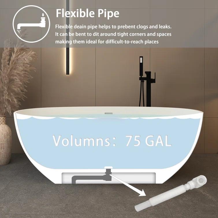 TCYO 65 in. x 30 in. Solid Surface Freestanding Soaking Bathtub with Center Drain in Matte White TYMYBT11-65MW