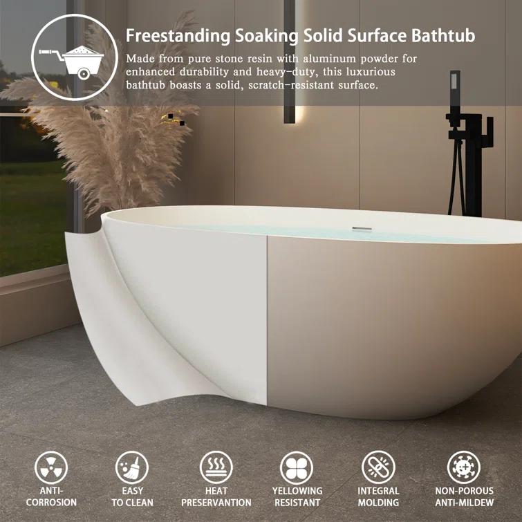 TCYO 65 in. x 30 in. Solid Surface Freestanding Soaking Bathtub with Center Drain in Matte White TYMYBT11-65MW