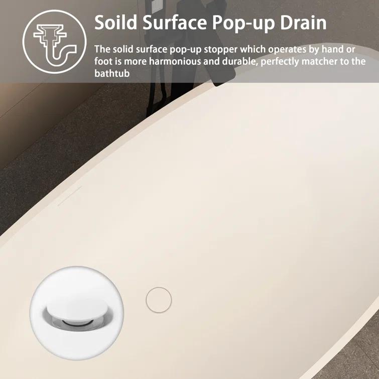 TCYO 65 in. x 30 in. Solid Surface Freestanding Soaking Bathtub with Center Drain in Matte White TYMYBT11-65MW