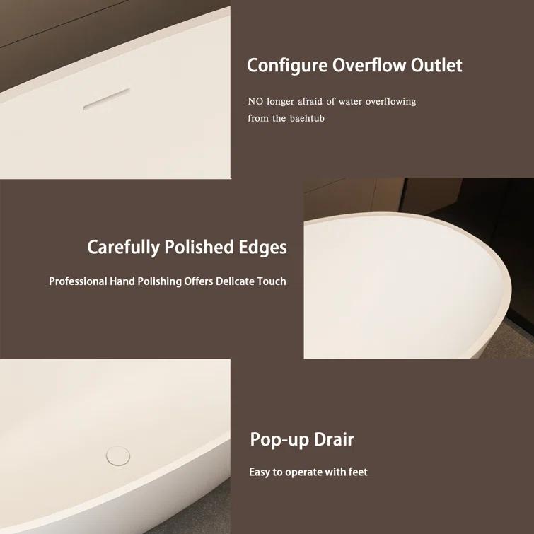TCYO 65 in. x 30 in. Solid Surface Freestanding Soaking Bathtub with Center Drain in Matte White TYMYBT11-65MW