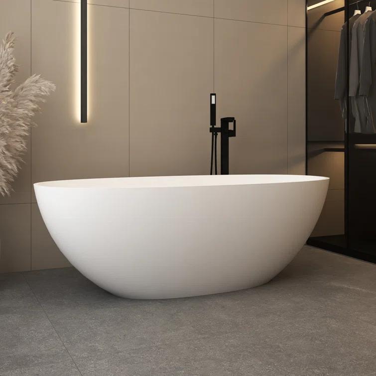 TCYO 65 in. x 30 in. Solid Surface Freestanding Soaking Bathtub with Center Drain in Matte White TYMYBT11-65MW