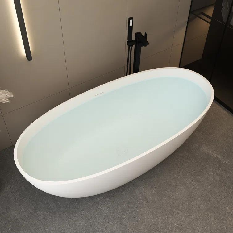 TCYO 65 in. x 30 in. Solid Surface Freestanding Soaking Bathtub with Center Drain in Matte White TYMYBT11-65MW
