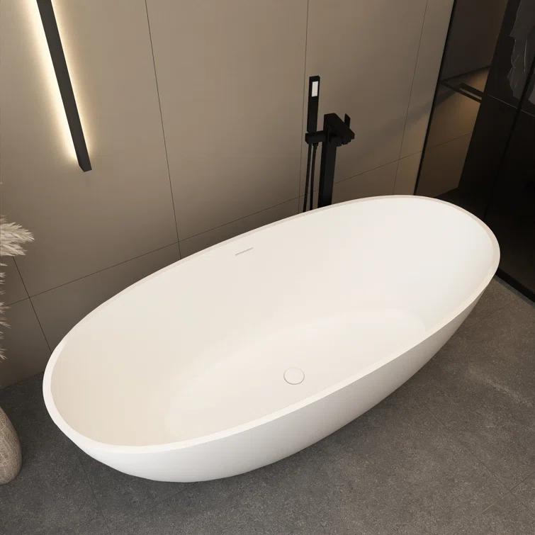 TCYO 65 in. x 30 in. Solid Surface Freestanding Soaking Bathtub with Center Drain in Matte White TYMYBT11-65MW