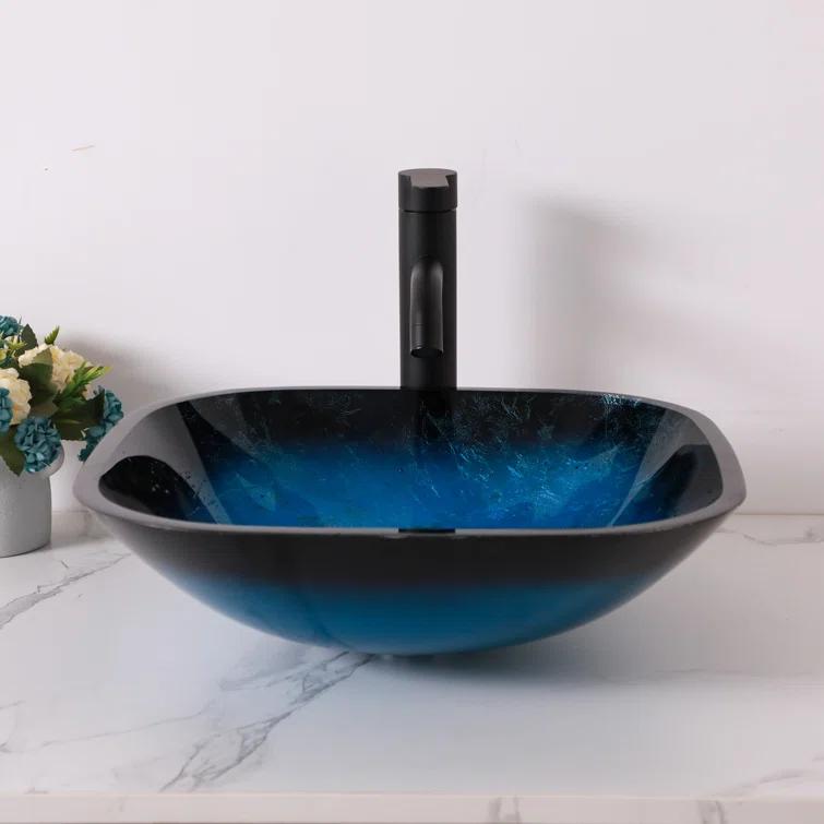 16" L x 16" W Glass Bathroom Vessel Sink Square Tempered Glass Art Basin Above Counter Bathroom Sink