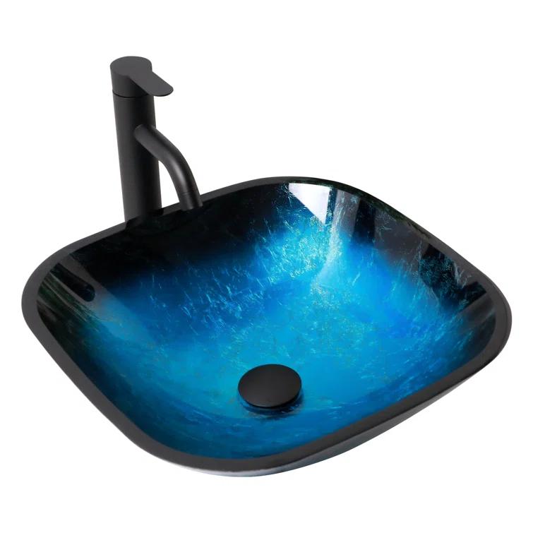 16" L x 16" W Glass Bathroom Vessel Sink Square Tempered Glass Art Basin Above Counter Bathroom Sink