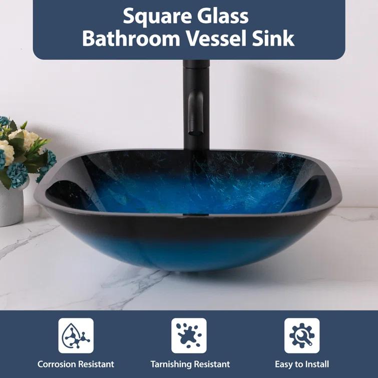 16" L x 16" W Glass Bathroom Vessel Sink Square Tempered Glass Art Basin Above Counter Bathroom Sink