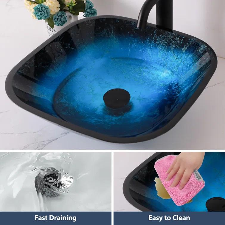 16" L x 16" W Glass Bathroom Vessel Sink Square Tempered Glass Art Basin Above Counter Bathroom Sink