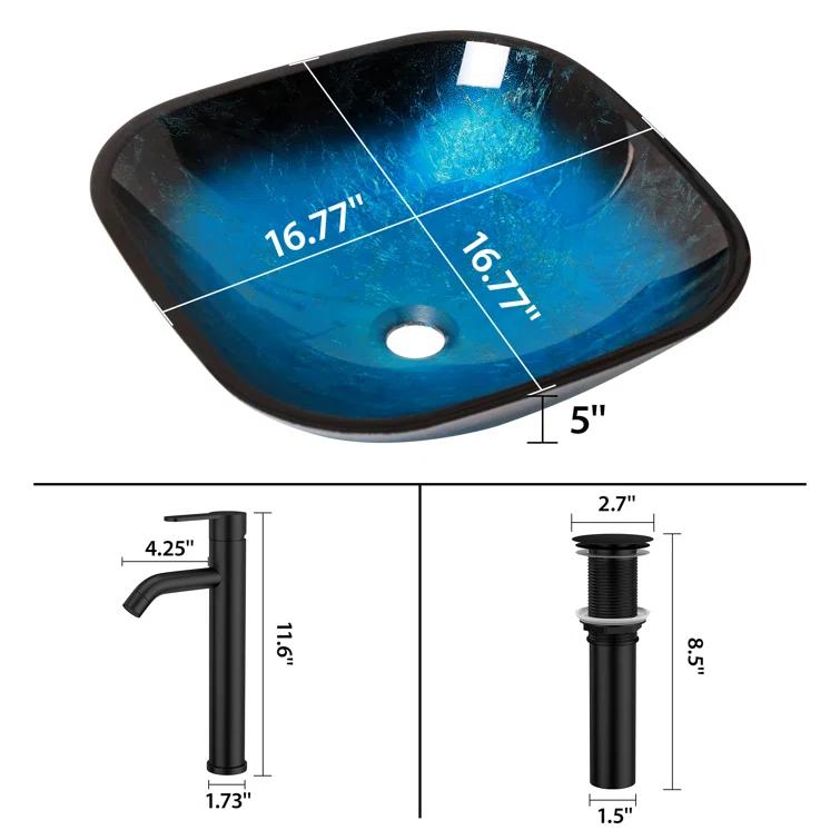 16" L x 16" W Glass Bathroom Vessel Sink Square Tempered Glass Art Basin Above Counter Bathroom Sink