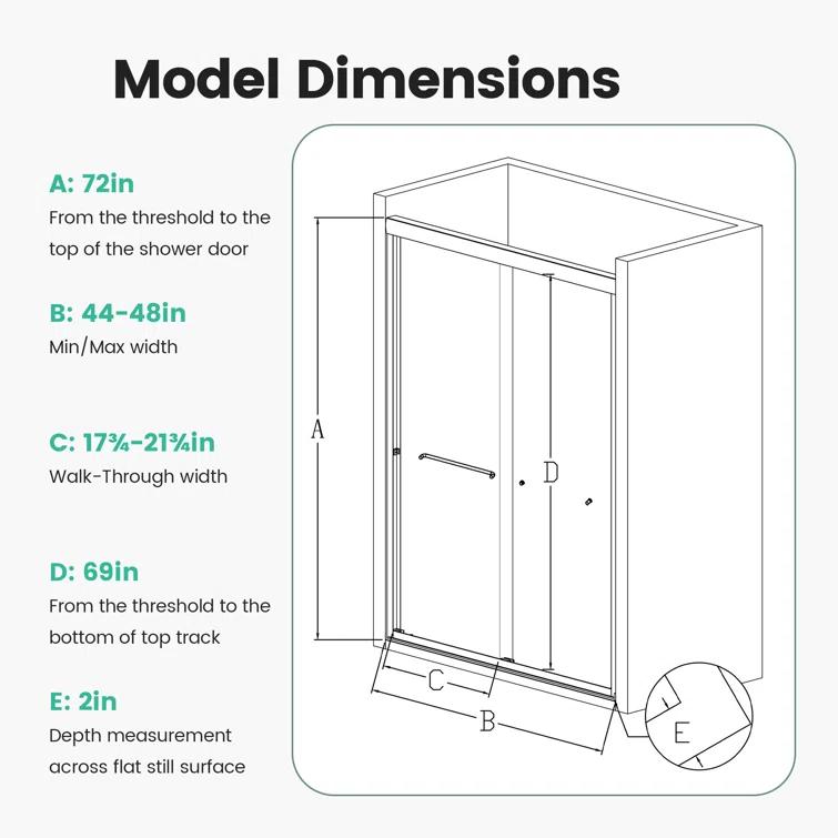 44-48 in.W x 72 in.H Semi-Frameless Sliding Shower Door Clear SGCC Tempered Glass.