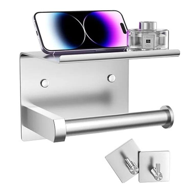 Toilet Paper Holder with Phone Shelf and Towel Robe Hooks