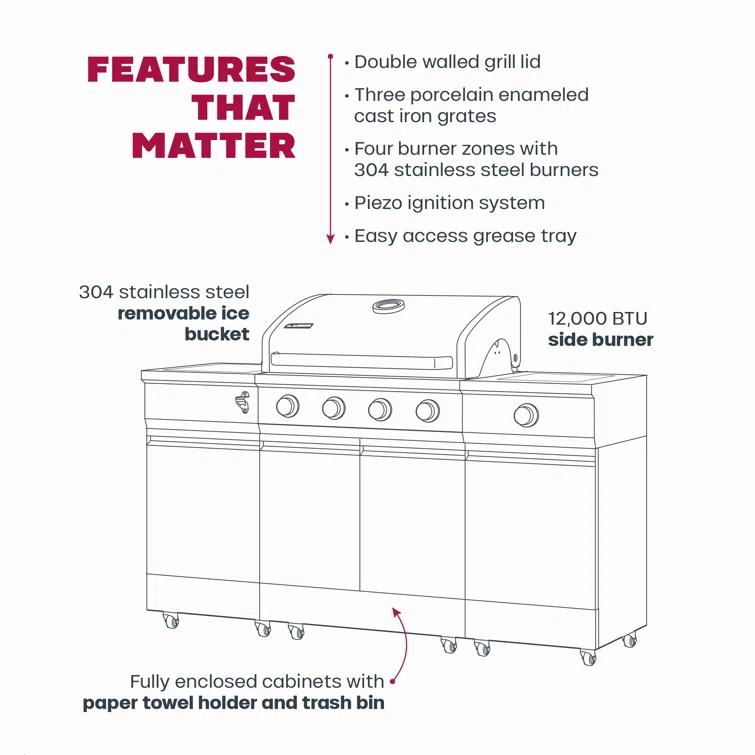 TYTUS Fresno 4 - Burner Freestanding Propane Gas Grill with Side Burner and Cabinet