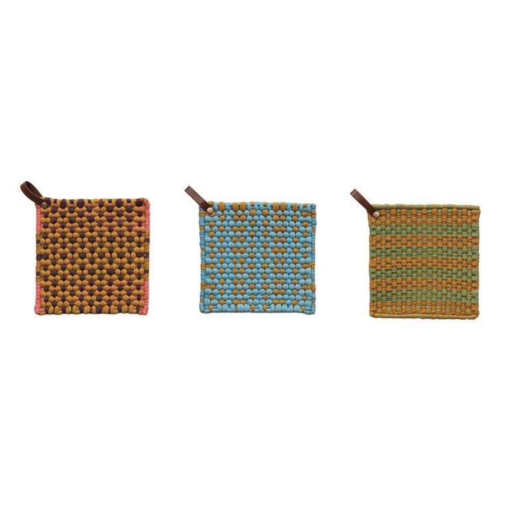 Creative Co-Op Multi-Tone Cotton Crocheted Pot Holder With Leather Loop (Set of 3)