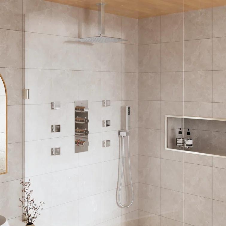 3-Fuction 12" Ceiling-Mount Thermostatic Rainfall Shower System with 6 Body Jets and Rough-in Valve