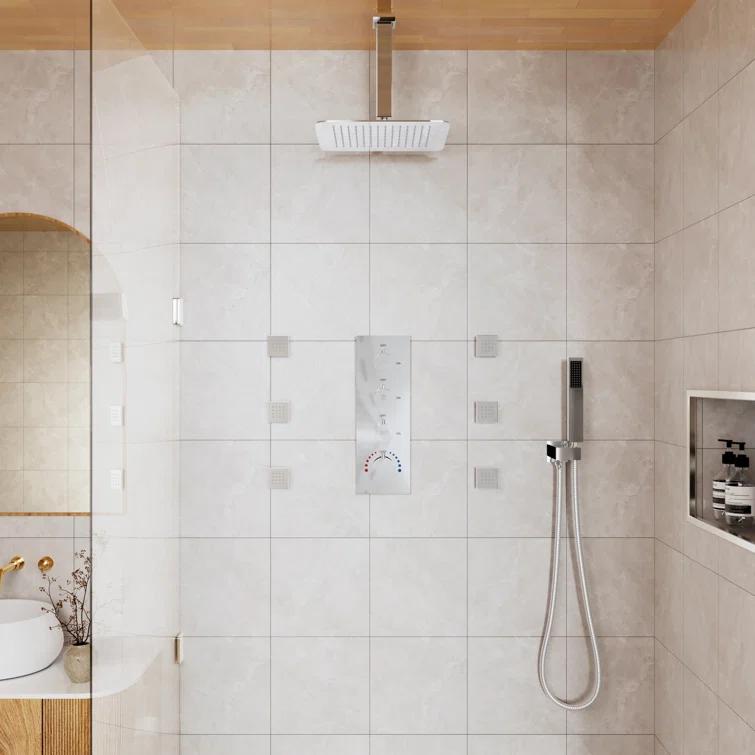 3-Fuction 12" Ceiling-Mount Thermostatic Rainfall Shower System with 6 Body Jets and Rough-in Valve