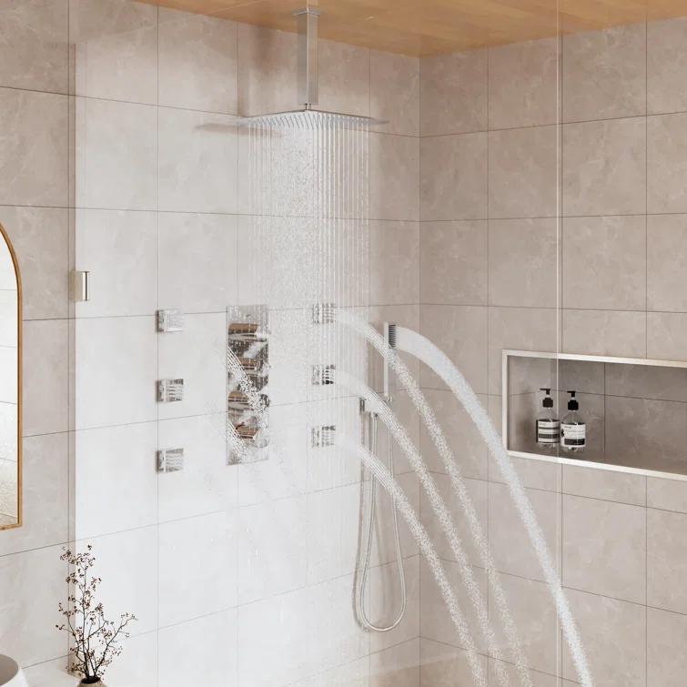 3-Fuction 12" Ceiling-Mount Thermostatic Rainfall Shower System with 6 Body Jets and Rough-in Valve