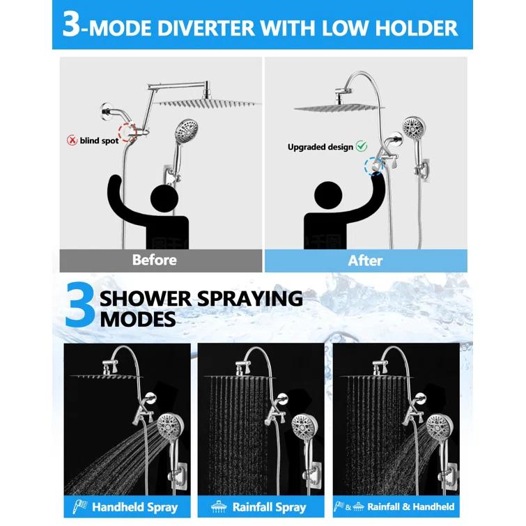 OLHAV Rainfall Shower Head with Handheld Spray Combo, All Metal 12 Inch High Pressure Rain Showerhead V8QF63