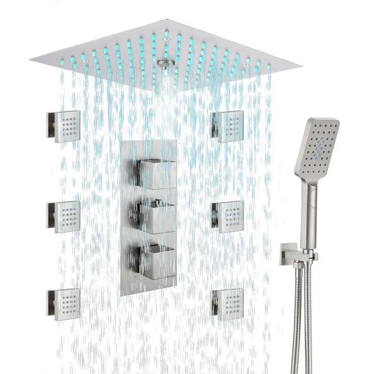 12" Flush Mounted Luxury Thermostatic Rainfall Shower System with LED and 6 Body Jets