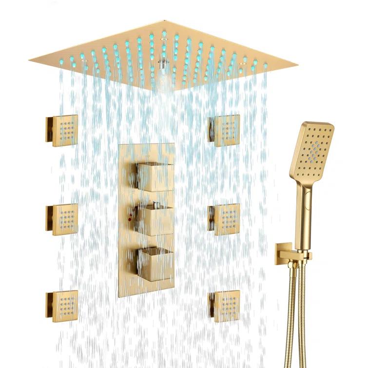 12" Flush Mounted Luxury Thermostatic Rainfall Shower System with LED and 6 Body Jets