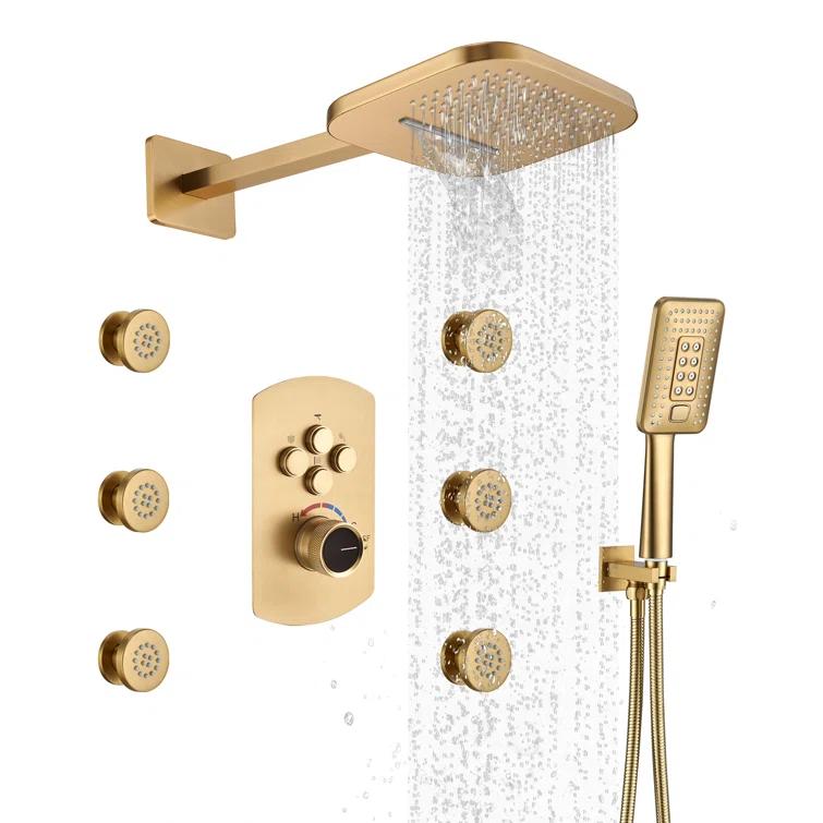 CASAINC 4-Function Wall Mounted Thermostatic Complete Shower System with 6 Body Jets and Rough-in Valve CS6855-22BG