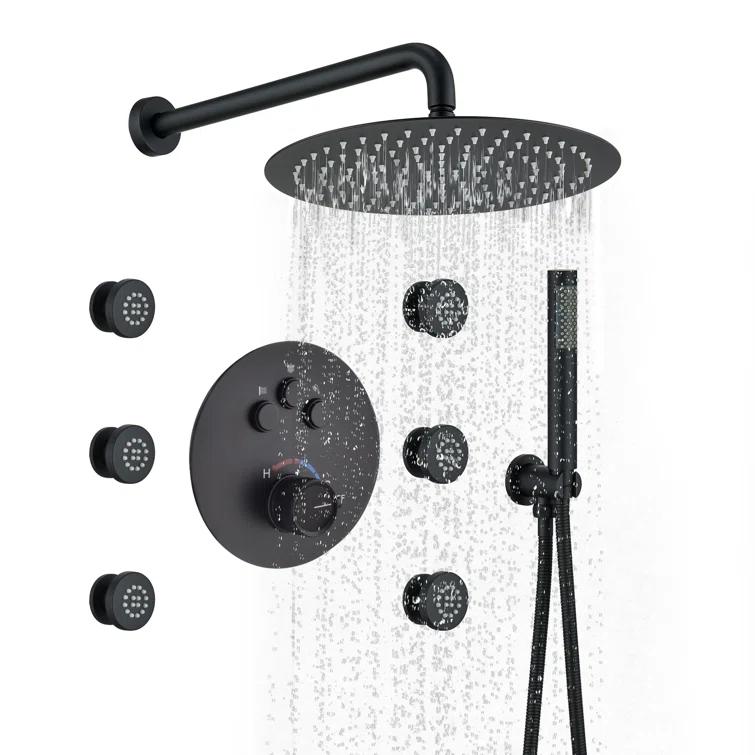 CASAINC Wall Mounted Thermostatic Complete Rainfall Shower System with 6 Body Jets and Rough-in Valve CS6823-12MB