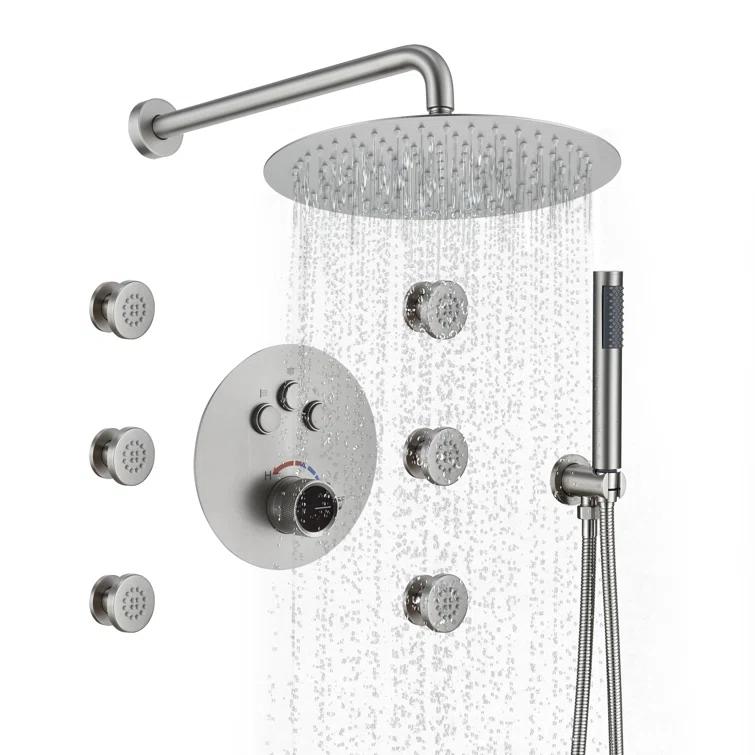 Wall Mounted Thermostatic Complete Rainfall Shower System with 6 Body Jets and Rough-in Valve